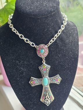 Turquoise Garnet Cross Necklace 16”-18”